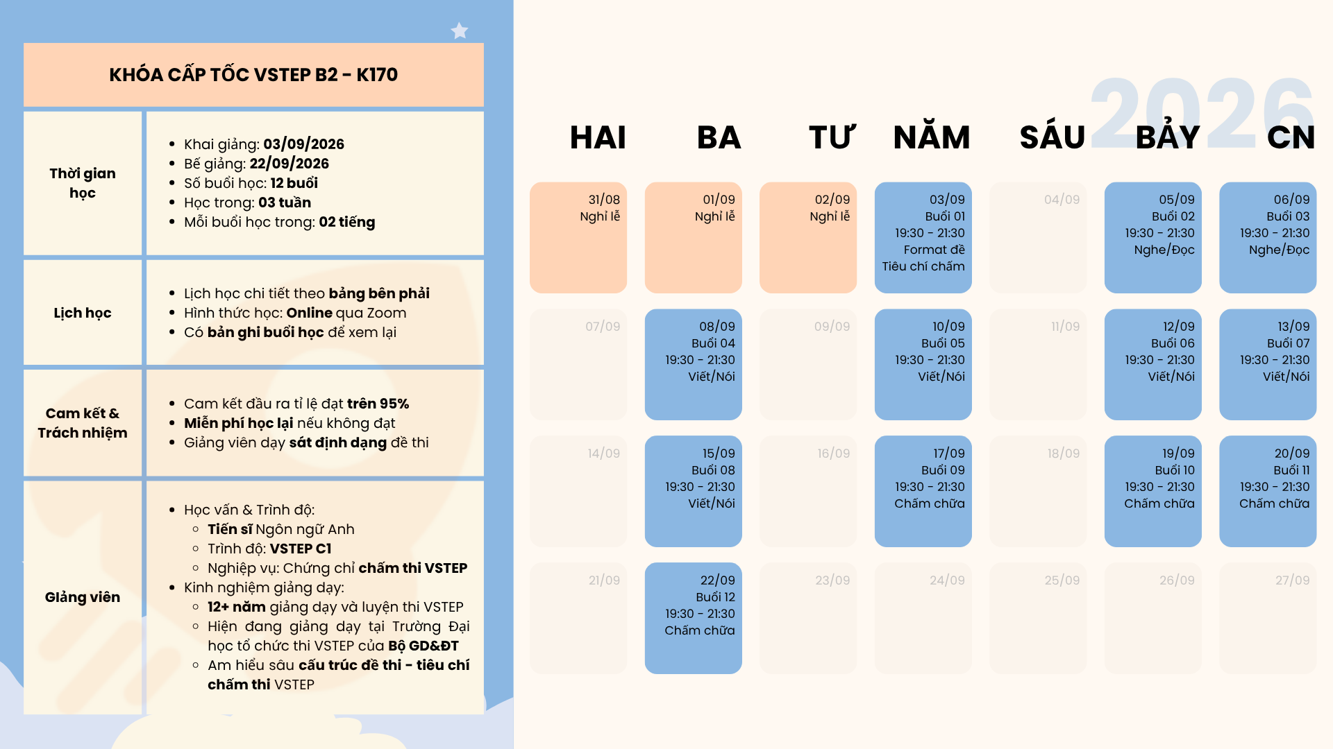 Lịch học chi tiết K170