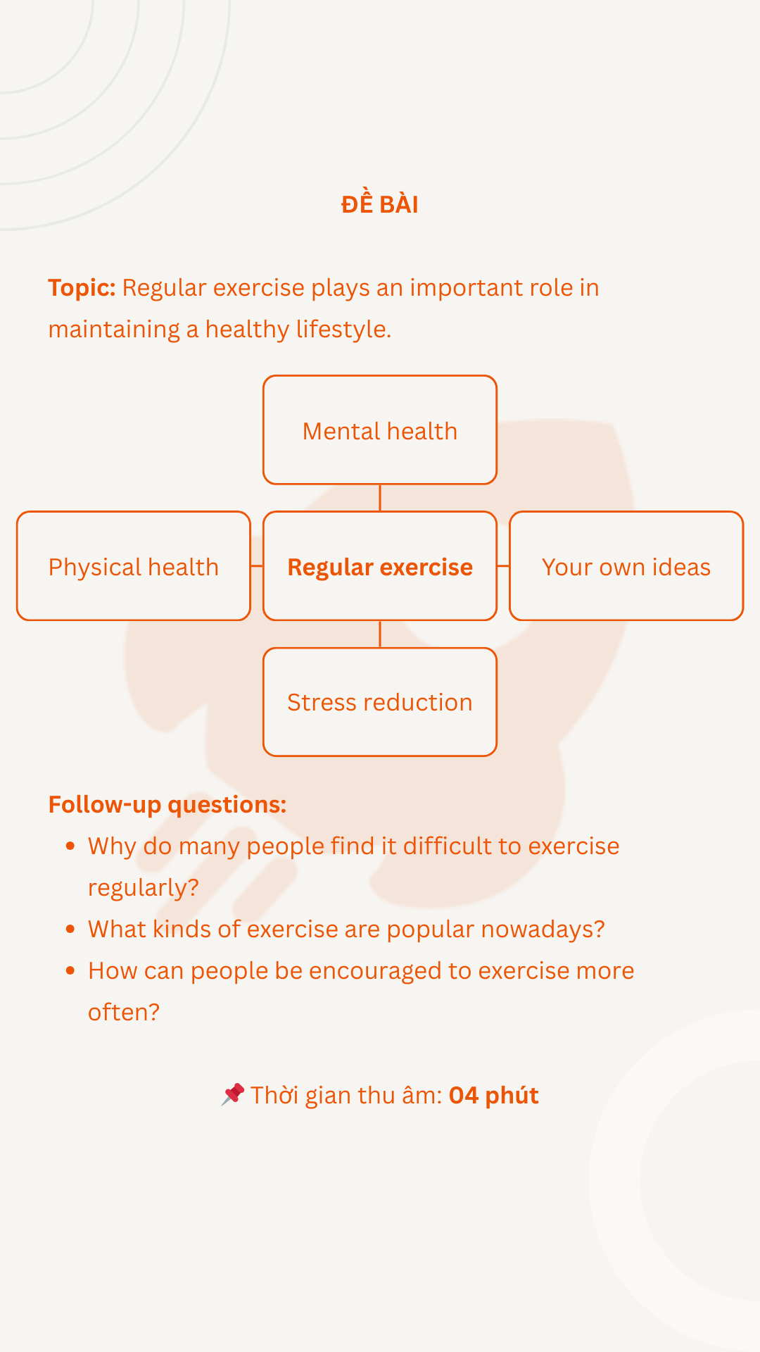 VSTEP Speaking Part 3 - Đề 7: Regular exercise plays an important role in maintaining a healthy lifestyle