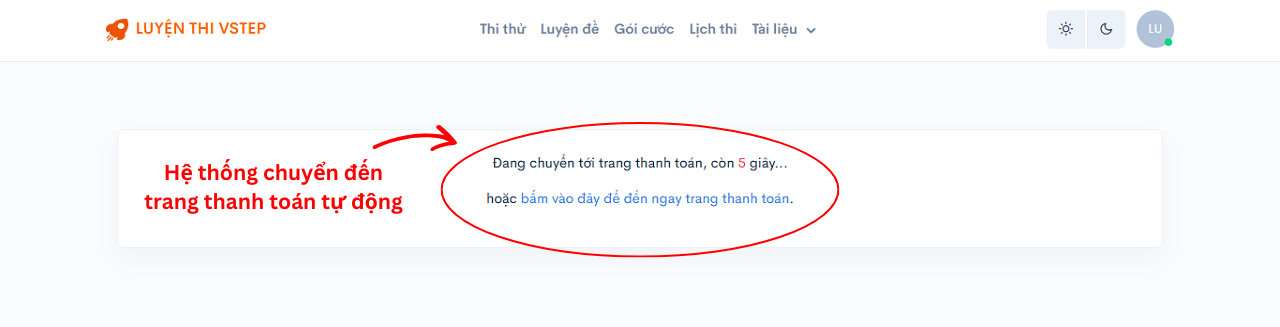 Hệ thống tự động chuyển sang bước thanh toán gói VIP VSTEP