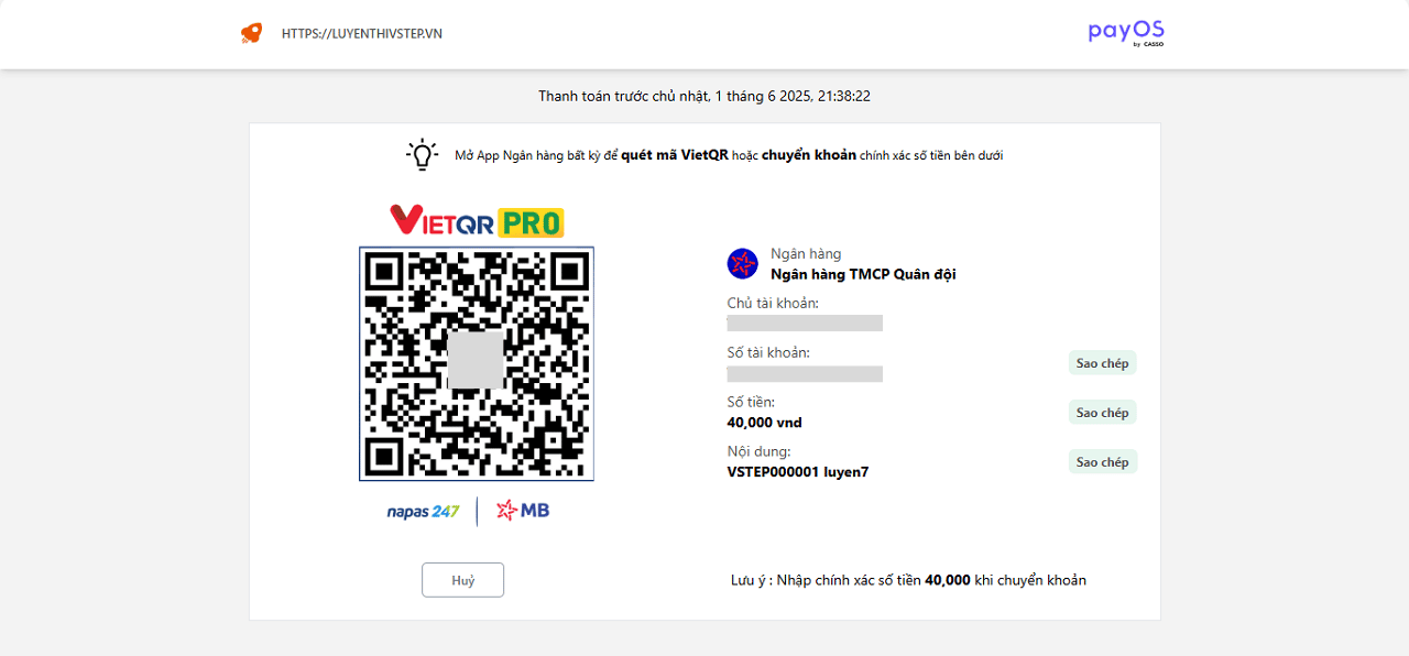 Hệ thống hỗ trợ thanh toán tự động qua mã QR gói VIP VSTEP