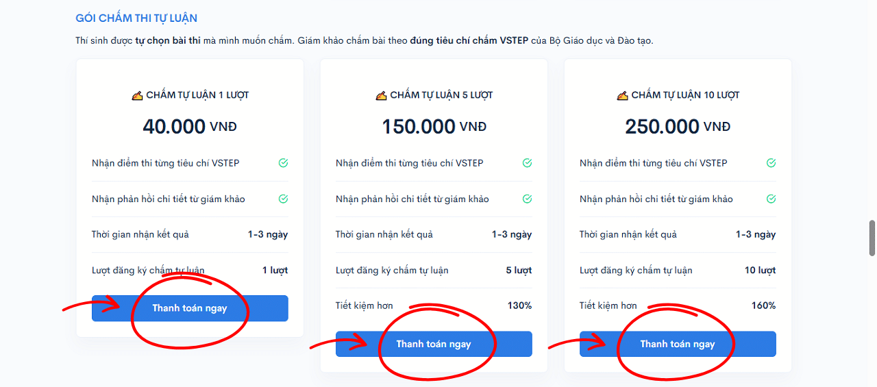 Chọn gói mua lượt chấm tự luận VSTEP phù hợp