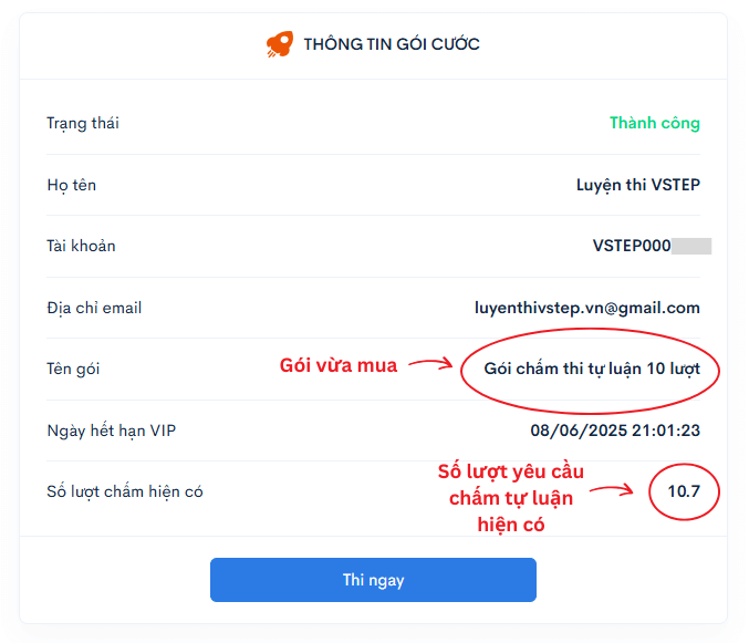 Lượt chấm tự luận VSTEP được cộng tự động sau thanh toán