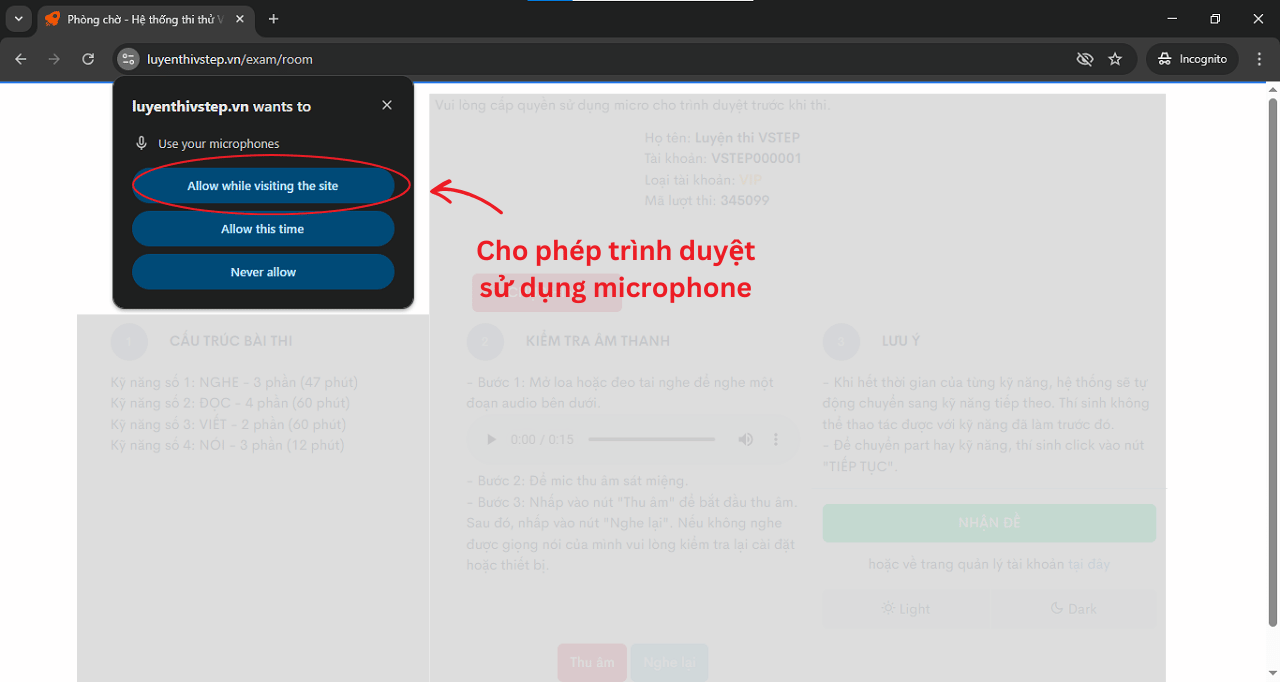 Cấp quyền sử dụng microphone để truy cập thi thử VSTEP